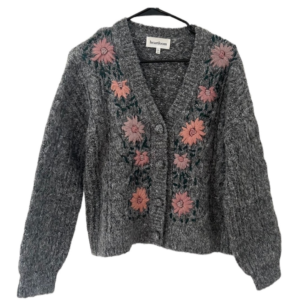 Heartloom Dolce Embroidered Floral Cardigan Sweater Size Large